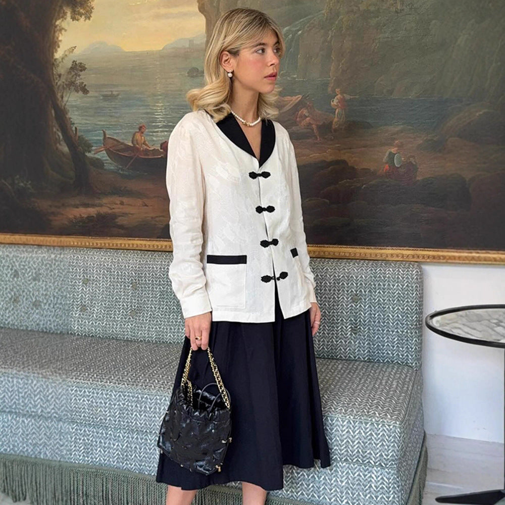 Women's Tailored Jacquard Jacket with Contrast Collar and Knot Closures Mune Fashion