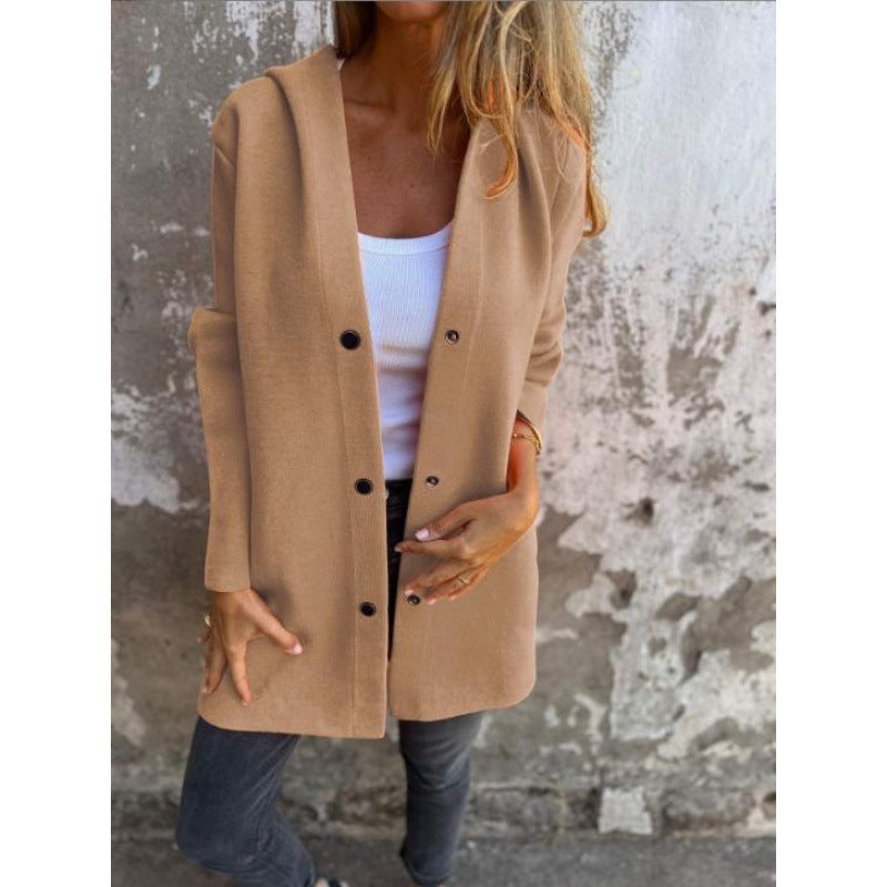 Women's Midi Length Oversized Coat made of Wool Blend with Clear Button Placket and Minimalist Lapels Mune Fashion