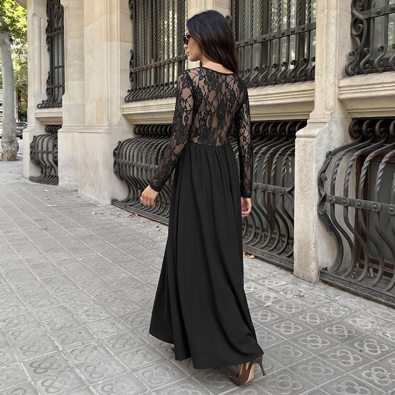Women Figure-flattering Midi Dress with Lace Sleeves and Square Neckline Mune Fashion