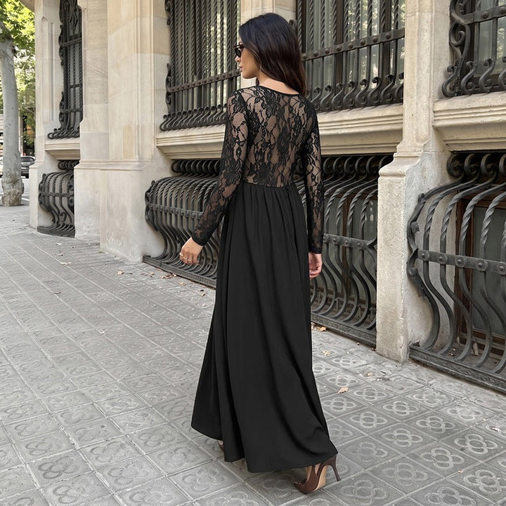 Women Figure-flattering Midi Dress with Lace Sleeves and Square Neckline Mune Fashion