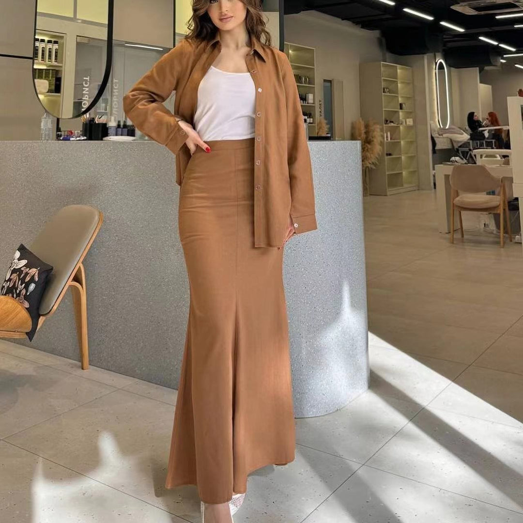 Women Two-Piece Set Tube Maxi Skirt with Flared Hem and Oversize Shirt Mune Fashion