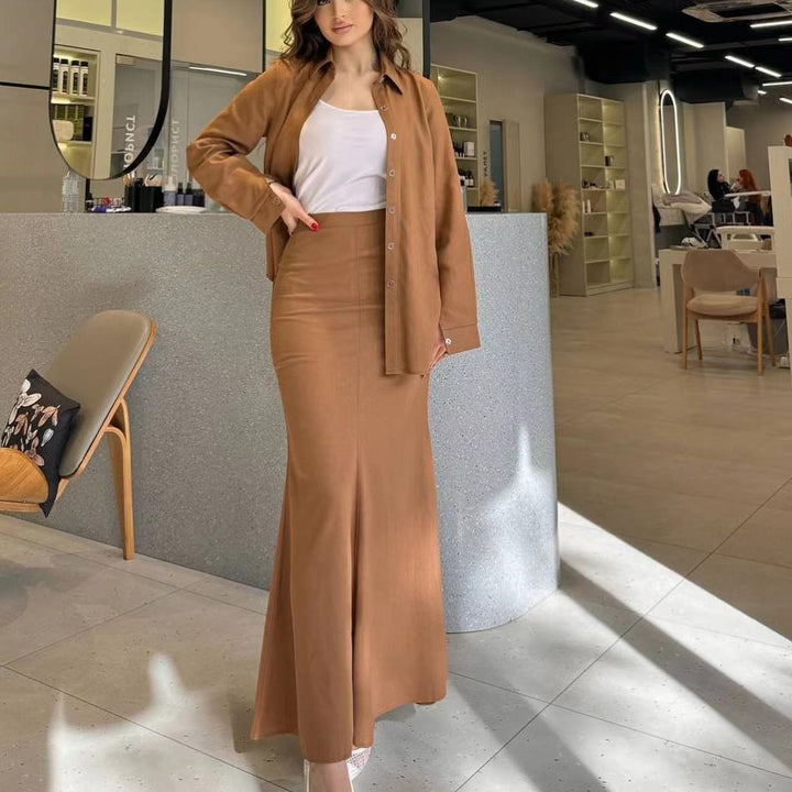 Women Two-Piece Set Tube Maxi Skirt with Flared Hem and Oversize Shirt Mune Fashion