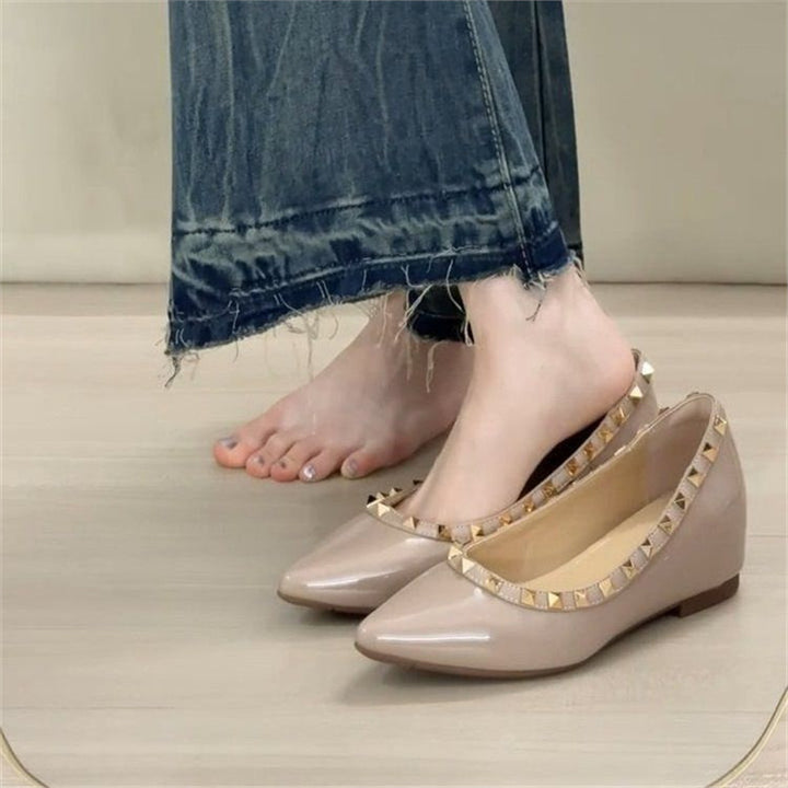 Ladies Flat Pointed Patent Ballerinas with Cushioned Comfort Insole and Studded Trim Mune Fashion