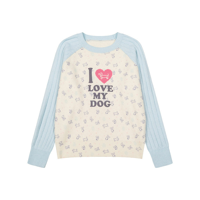 Women's knitted raglan sweater with heart dog motif, ribbed sleeves and all-over print Mune Fashion