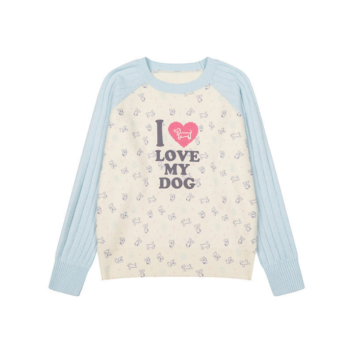 Women's knitted raglan sweater with heart dog motif, ribbed sleeves and all-over print Mune Fashion
