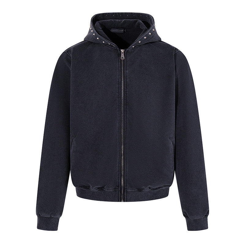 Men's Short Cut Zip Hooded Jacket made of Velour with Studded Hood Mune Fashion