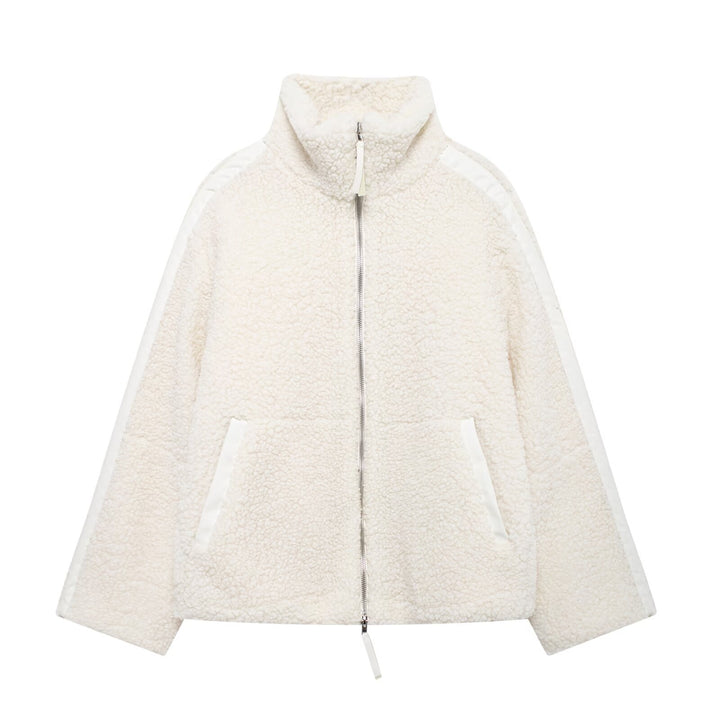 Women Wide Cut Teddy Fleece Jacket with High Standing Collar Mune Fashion