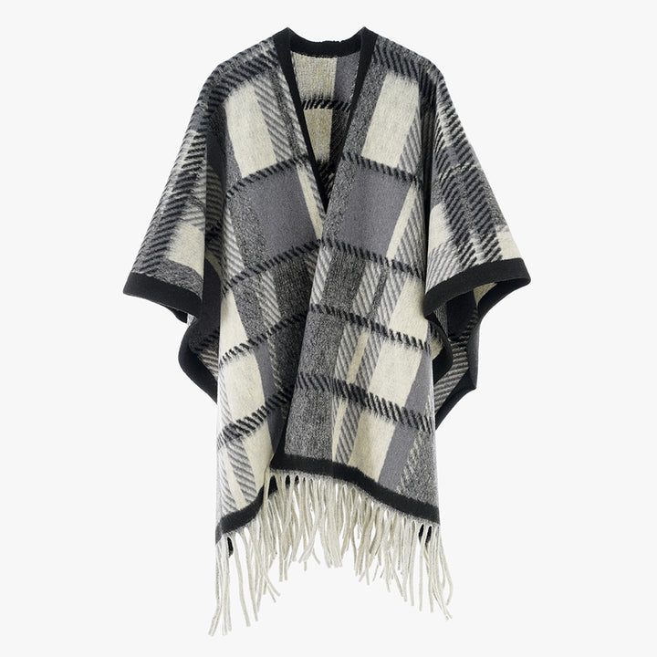 Women's Oversized Wool Blend Poncho with Check Pattern and Fringed Hem Mune Fashion