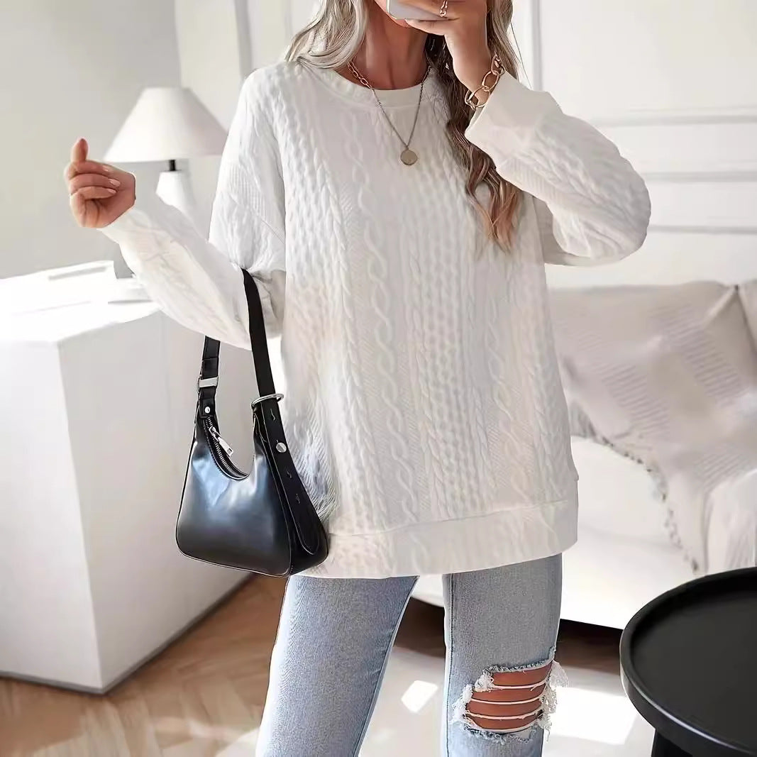 Women Oversize Knit Sweatshirt with Cable Pattern and Ribbed Hem Mune Fashion