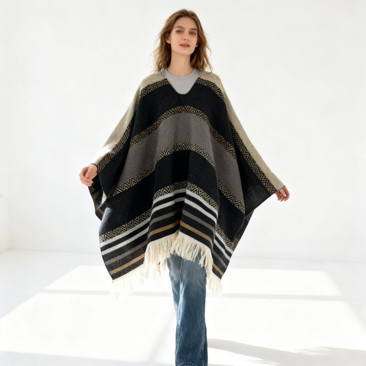 Women Oversize Poncho-Cape with V-neck and Fringe Hem Mune Fashion