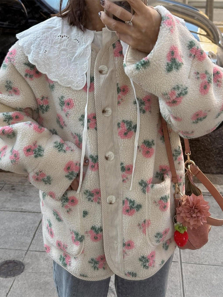 Women's teddy fleece jacket with floral print, cord placket, patch pockets, and oversized lace collar Mune Fashion