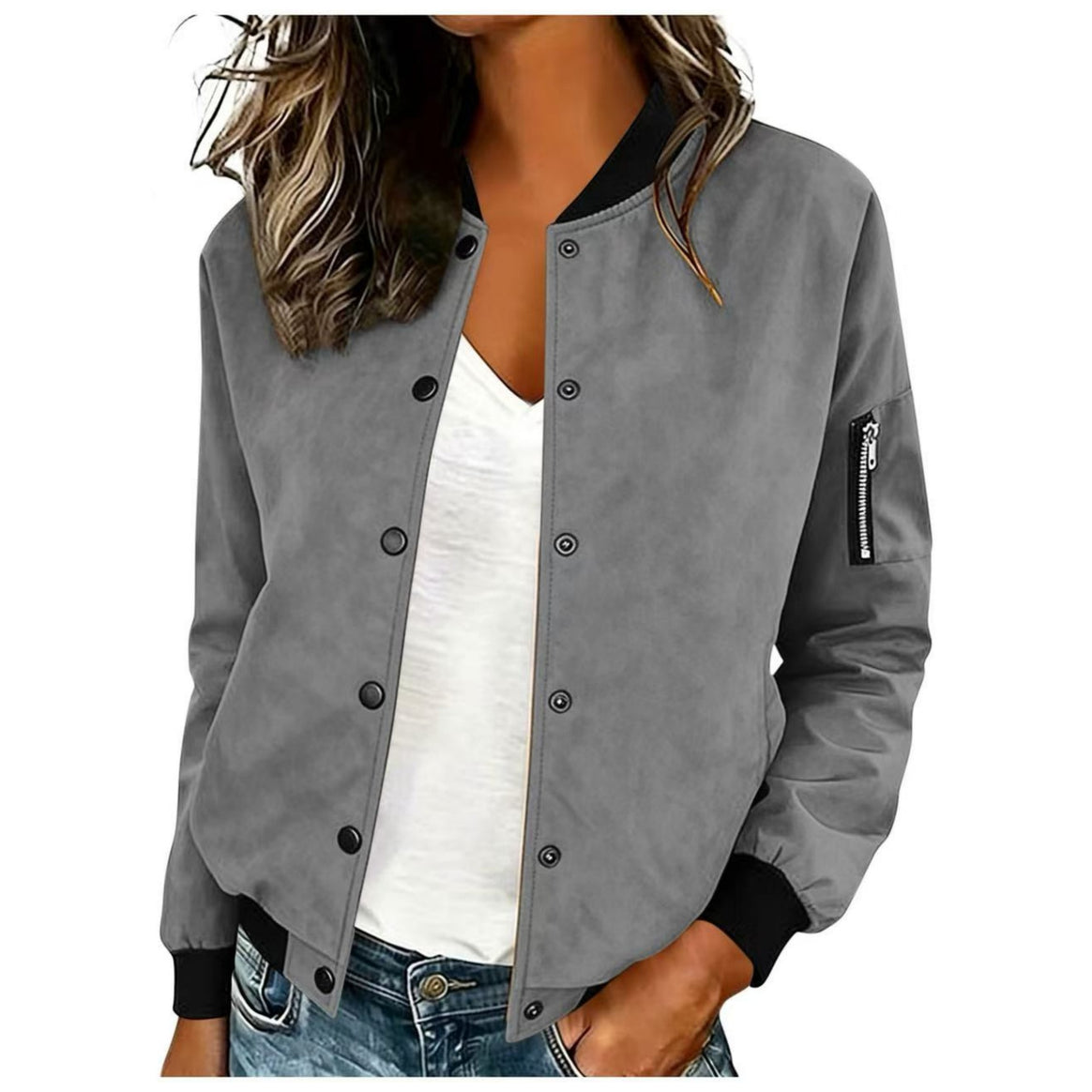 Women's Lightweight Bomber Jacket with Snap Buttons and Arm Pocket Mune Fashion