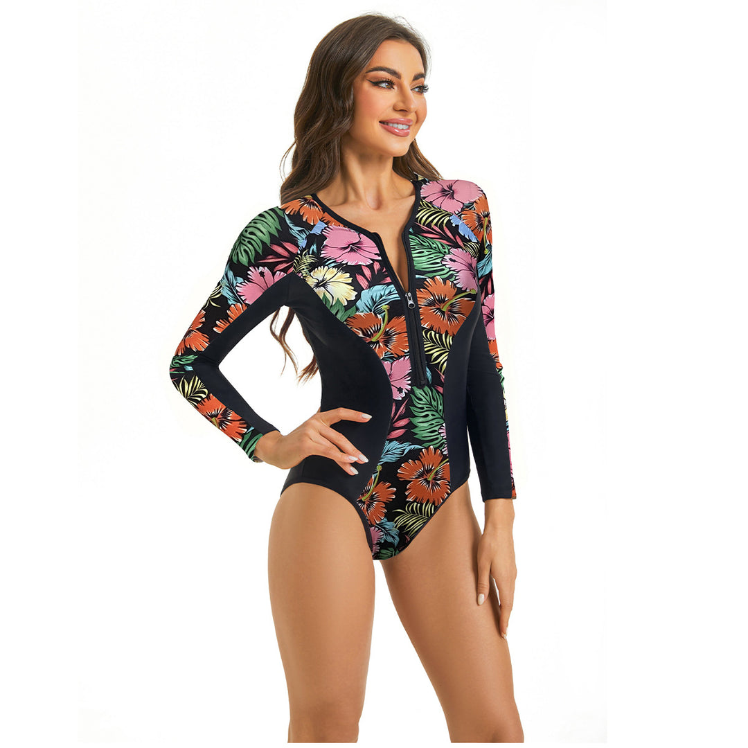 Women’s Sporty Long Sleeve Swimsuit with Floral Graphic Design Mune Fashion