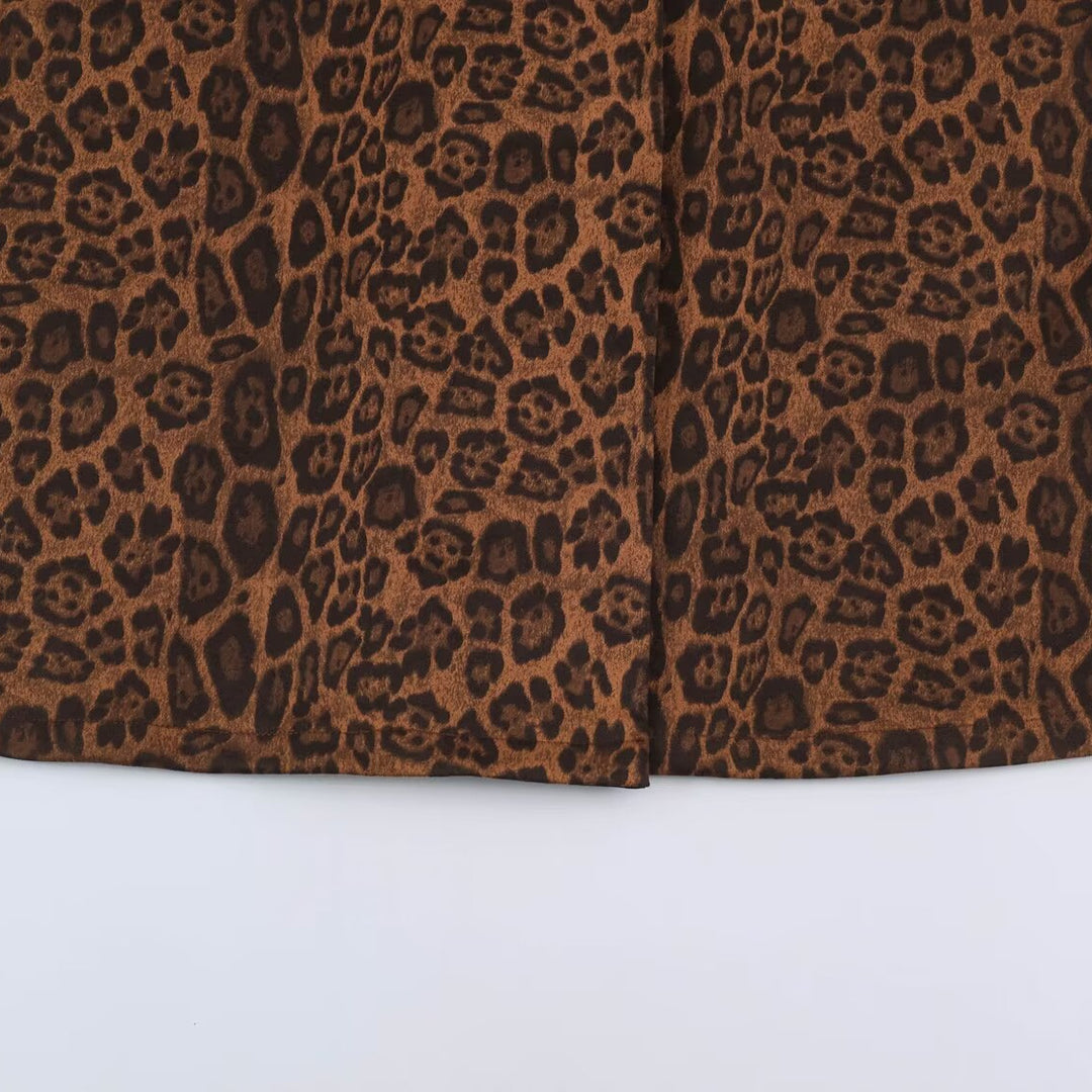 Women Double-Breasted Coat with Leopard Print and Satin Shawl Collar Mune Fashion