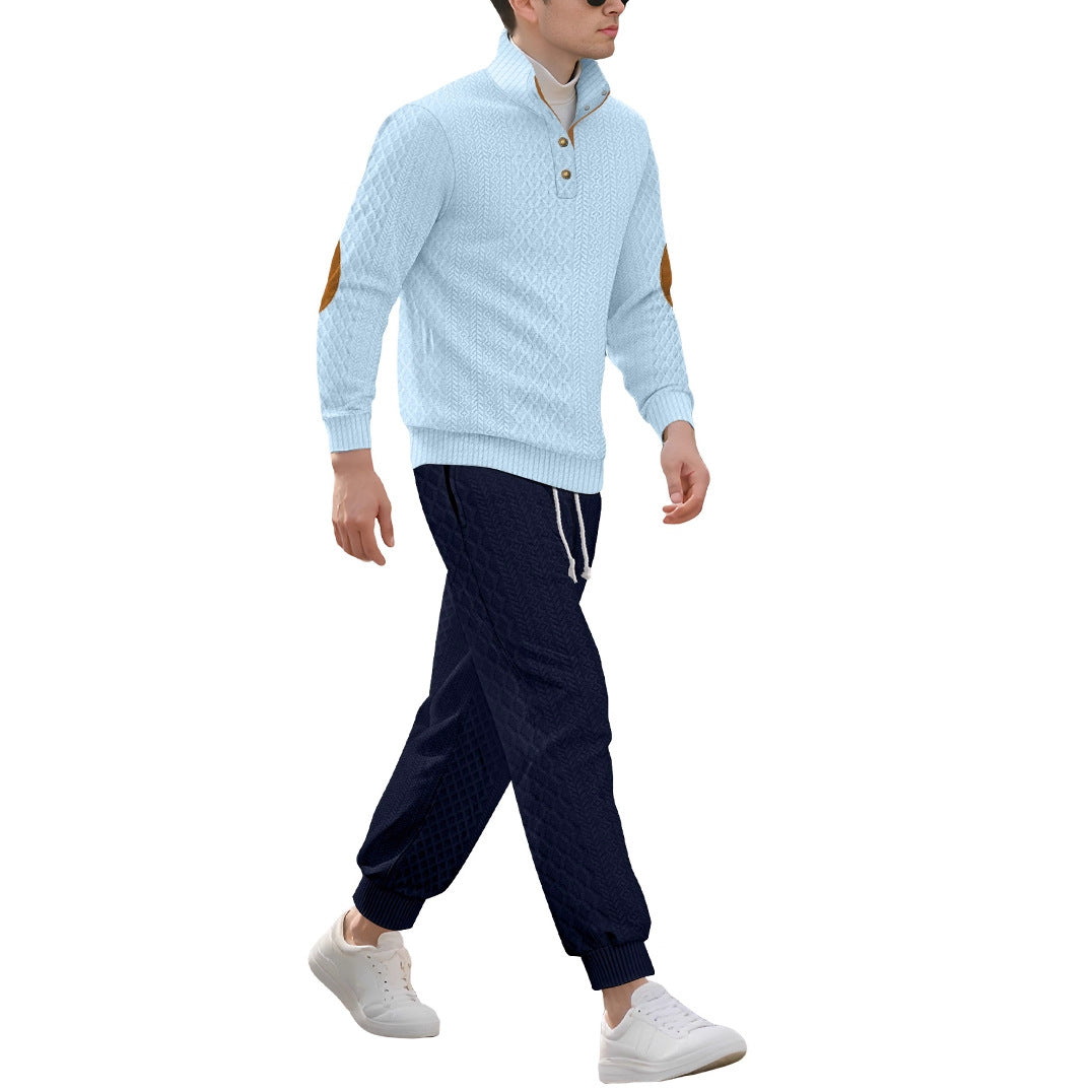 Men's patterned knit leisure set with half-button stand collar suede elbow patches and drawstring joggers Mune Fashion