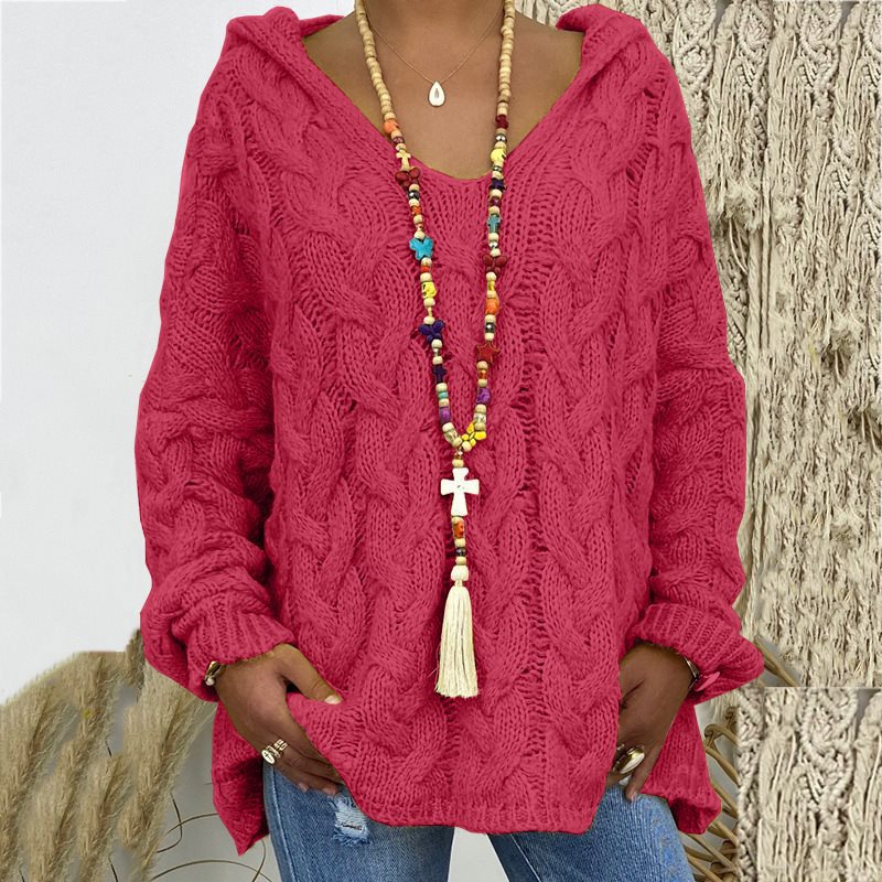 Women Oversized Cable Knit Sweater with Hood and Casual V-Neck Mune Fashion