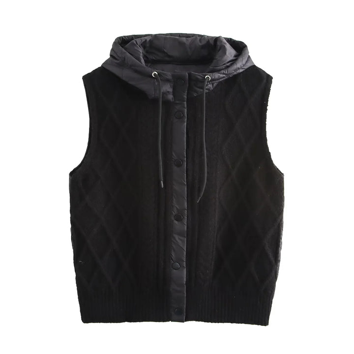 Women's knitted vest with padded hood, standing collar, and cable pattern Mune Fashion