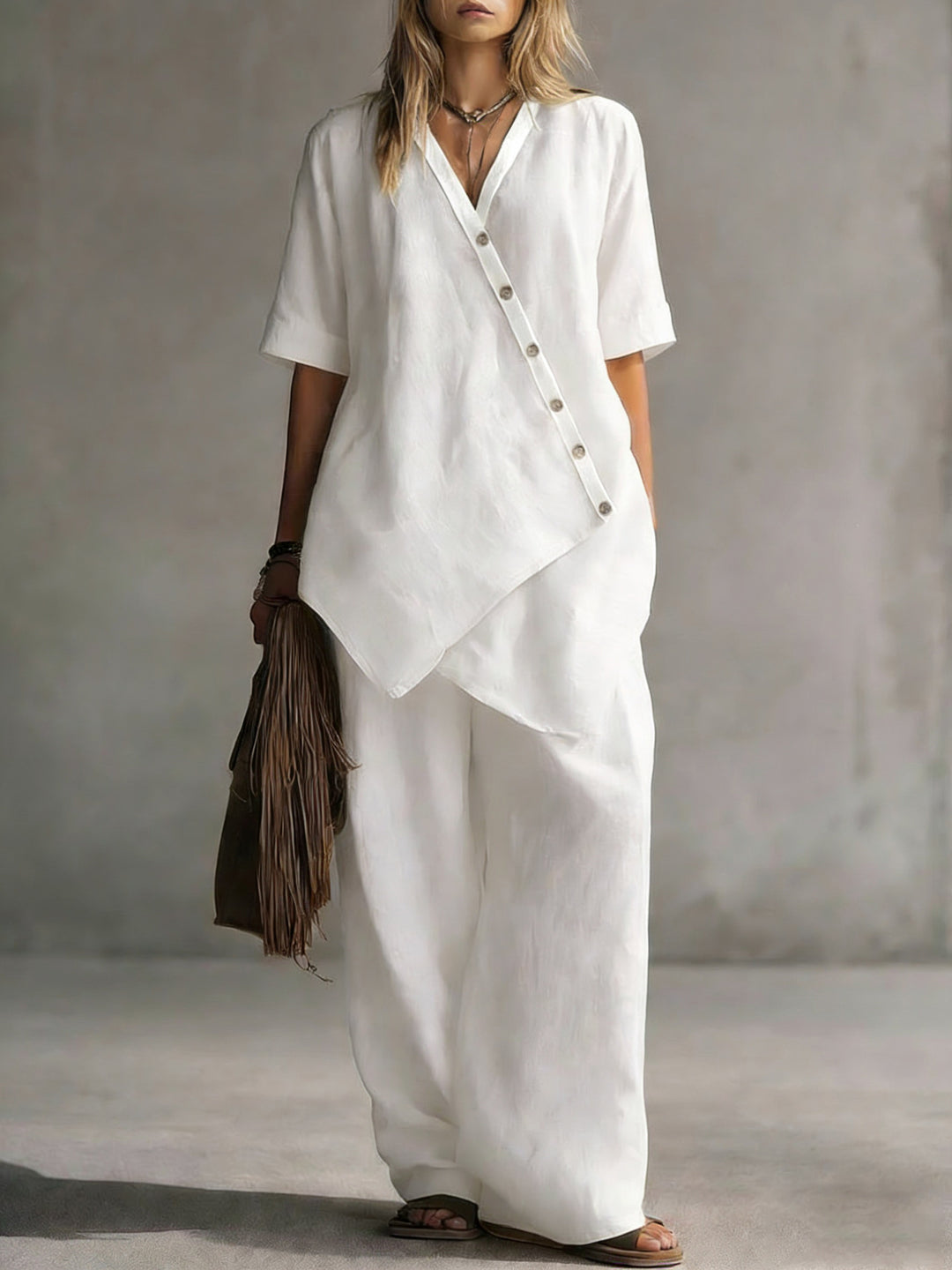 Women's linen two-piece set with asymmetric button placket and wide palazzo pants Drune