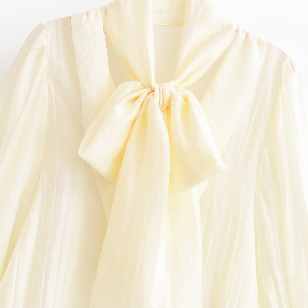Women's Elegant Chiffon Blouse with Bow Collar, Pleated Detail and Balloon Sleeves Mune Fashion