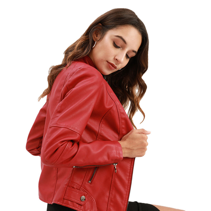 Women's fitted faux leather biker jacket with stand-up collar Mune Fashion