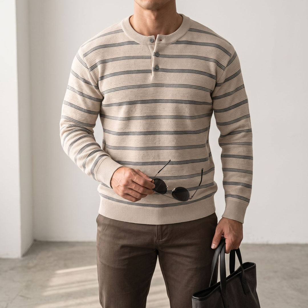 Men Striped Fine Knit Henley Sweater with Button Placket and Ribbed Cuffs Mune Fashion