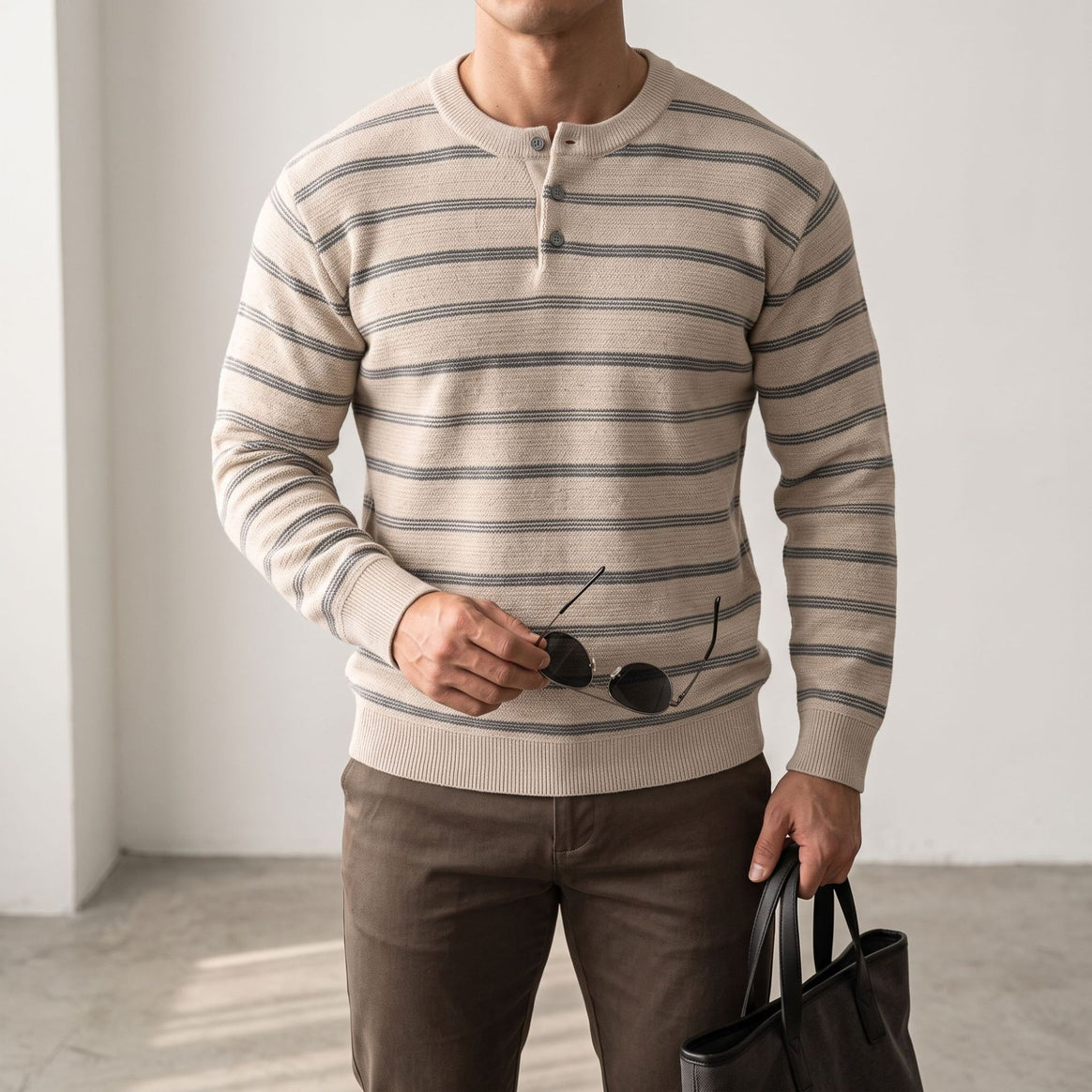 Men's Henley knit sweater with fine texture and horizontal stripes Mune Fashion