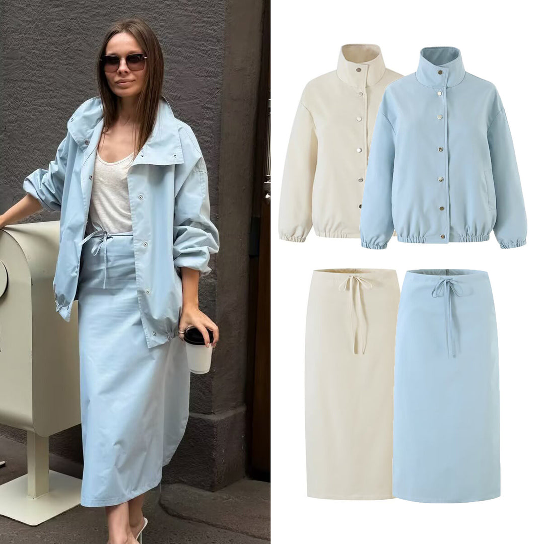 Women Two-Piece Set consisting of short blouson with stand-up collar and high-waisted pencil skirt Drune
