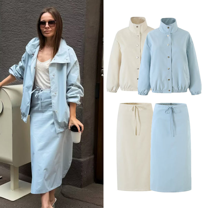 Women Two-Piece Set consisting of short blouson with stand-up collar and high-waisted pencil skirt Drune