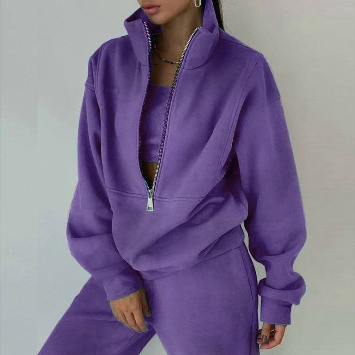 Ladies nan short half-zip sweatshirt and jogging pants set with stand-up collar, oversized cut and soft French terry Mune Fashion