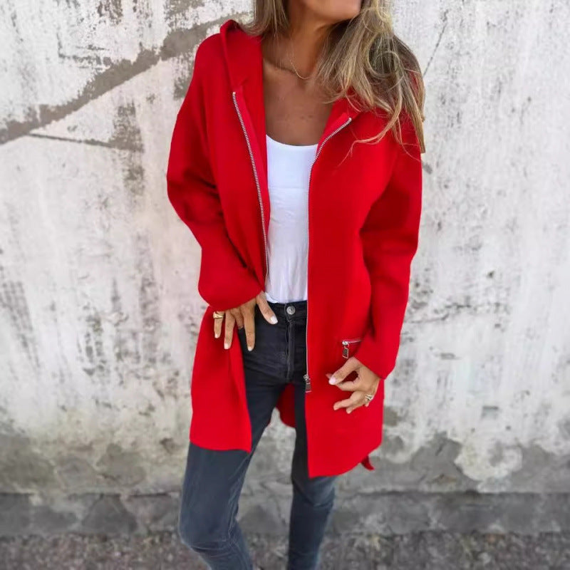 Women's Mid-Length Coat with Full Zipper and Zipper Pocket Details Mune Fashion