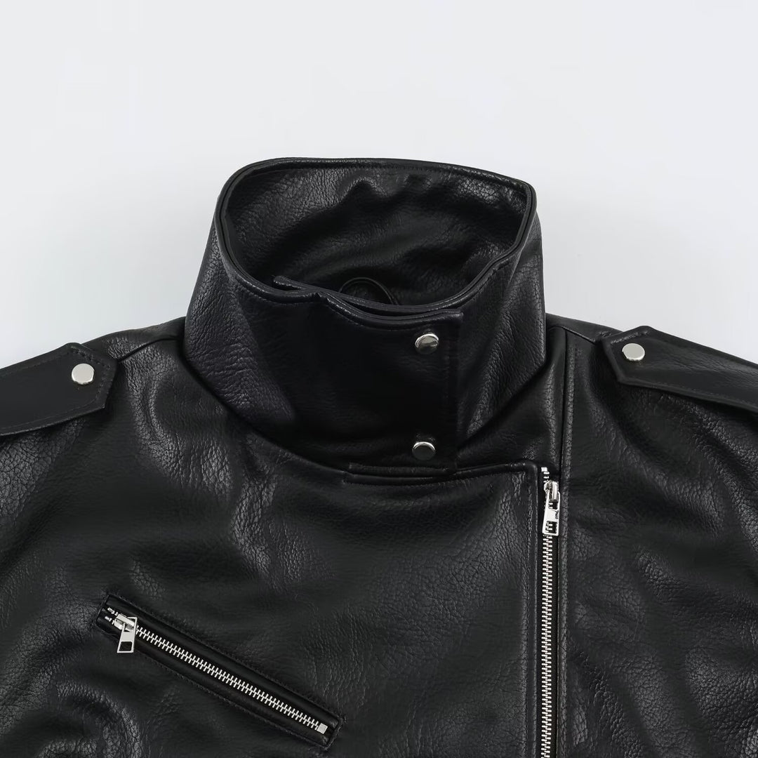 Men's biker leather jacket with high stand-up collar, shoulder flaps and waist belt Mune Fashion