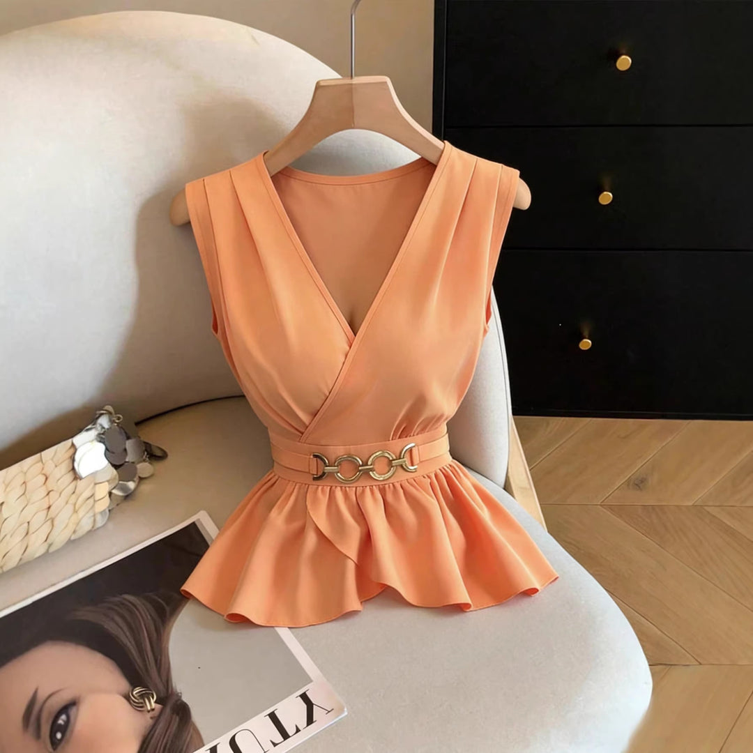 Women Tailored Wrap Top with Ruffle Peplum and Decorative Metal Belt Mune Fashion