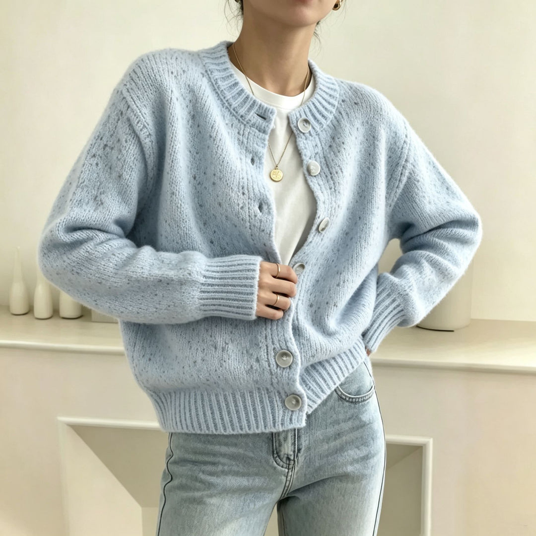 Women's chunky knit short cardigan with round neckline and marled tweed effect Mune Fashion