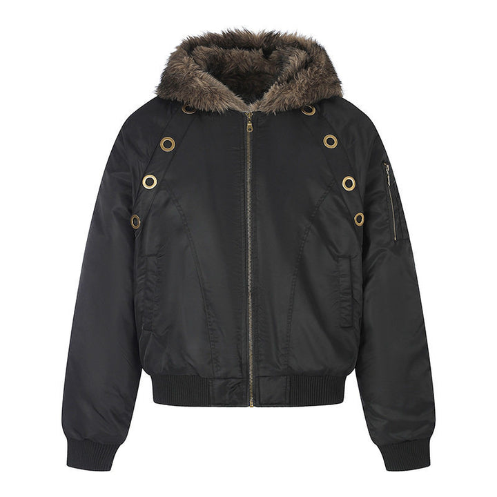 Women's short-cut bomber jacket with faux fur hood and eyelet application Mune Fashion