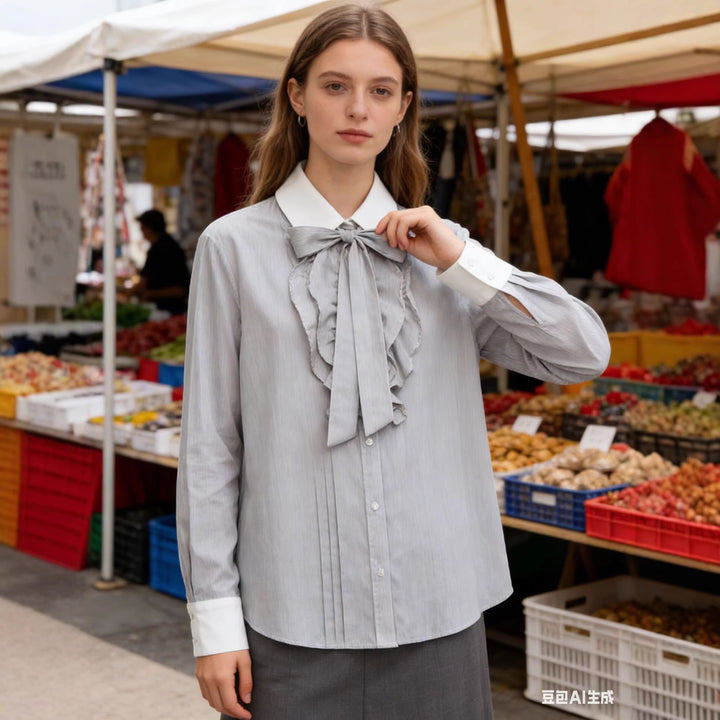 Ladies Striped Blouse with Bow Collar, Ruffle Front and Contrast Cuffs Mune Fashion