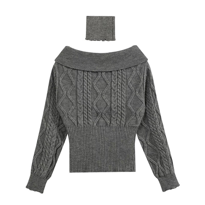 Women Off-Shoulder Cable Knit Sweater with Wide Folded Collar Drune