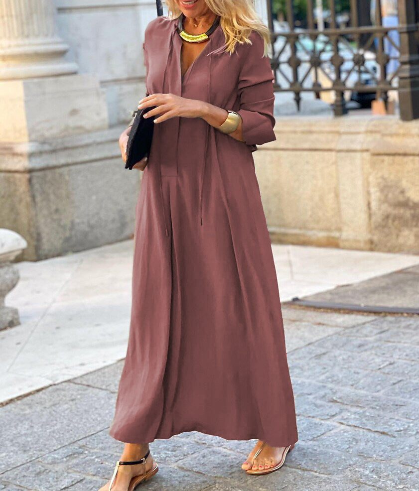 Ladies Maxi Dress with V-Neck, Long Sleeve, Loose A-Line Silhouette and Drawstring Mune Fashion