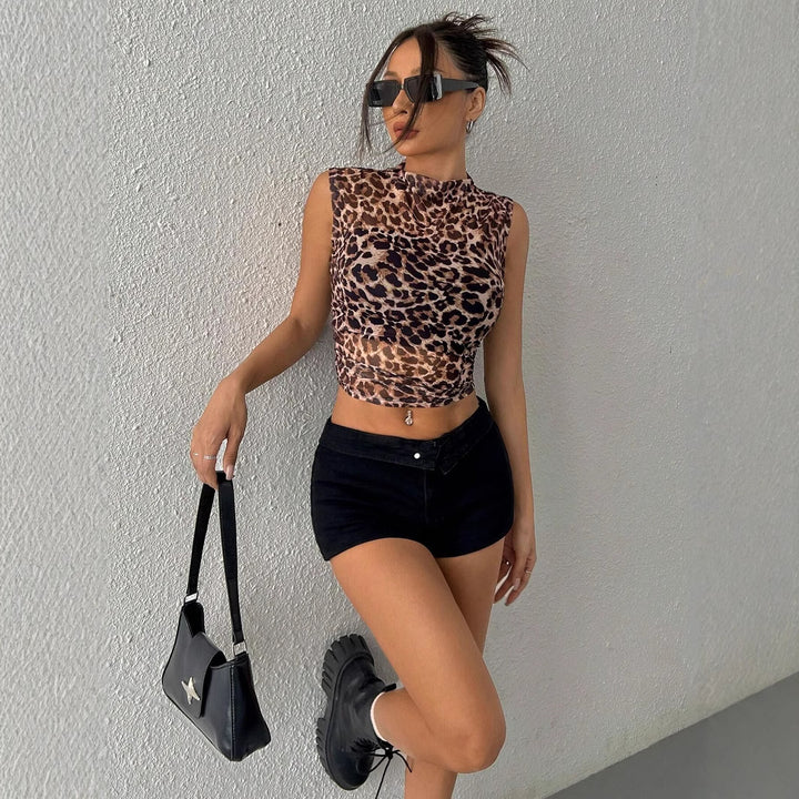 Women’s sleeveless crop shaping top with stand collar and leopard pattern Mune Fashion
