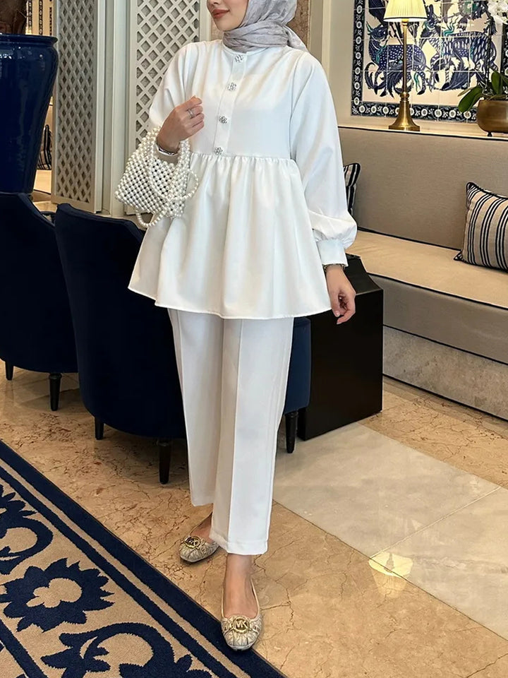 Women's Elegant Tunic-Pants Set with Ruffled Empire Tunic and Slim Suit Pants Drune