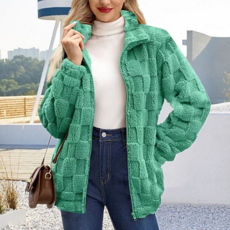 Women's teddy jacket with check structure, stand-up collar and zipper Mune Fashion