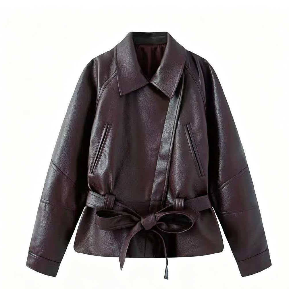 Women's short jacket made of faux leather with a belted waist and shirt collar Mune Fashion