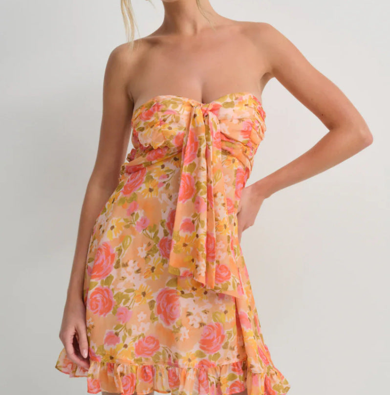 Women's strapless chiffon summer dress with floral pattern bandeau top and ruffle trim Mune Fashion