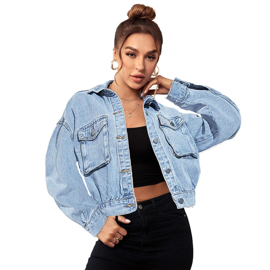 Women Cropped Boxy Denim Jacket with Patch Chest Pockets and Short Hem Mune Fashion