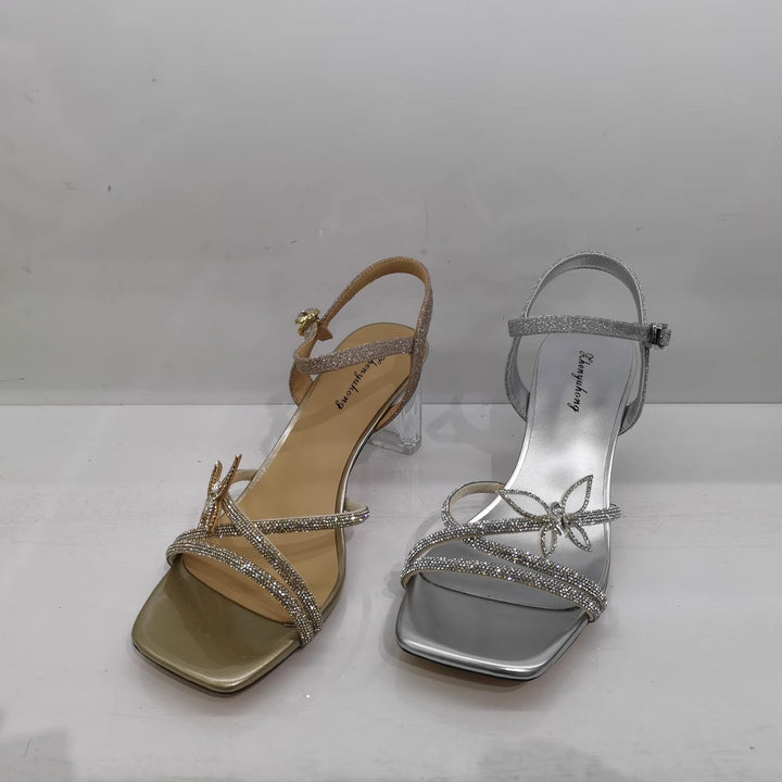 Women's sandals with transparent block heel, square toe box and sparkling straps Mune Fashion