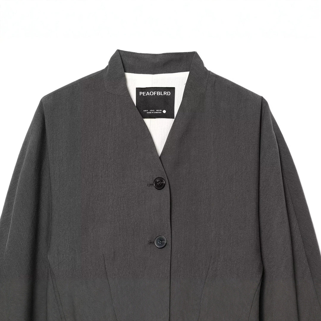 Women's Tailored Short Blazer with Stand Collar, V-Neck and Three-Button Detail Mune Fashion