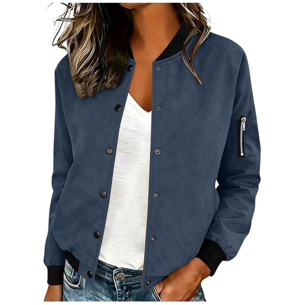 Women's Lightweight Bomber Jacket with Snap Buttons and Arm Pocket Mune Fashion