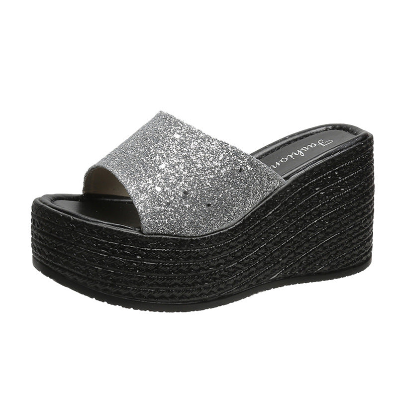 Women's open platform mule with sparkling strap, patterned wedge sole, and cushioned comfort footbed Mune Fashion