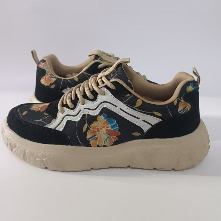 Women's fashionable platform sneakers with floral canvas pattern and suede trim Mune Fashion