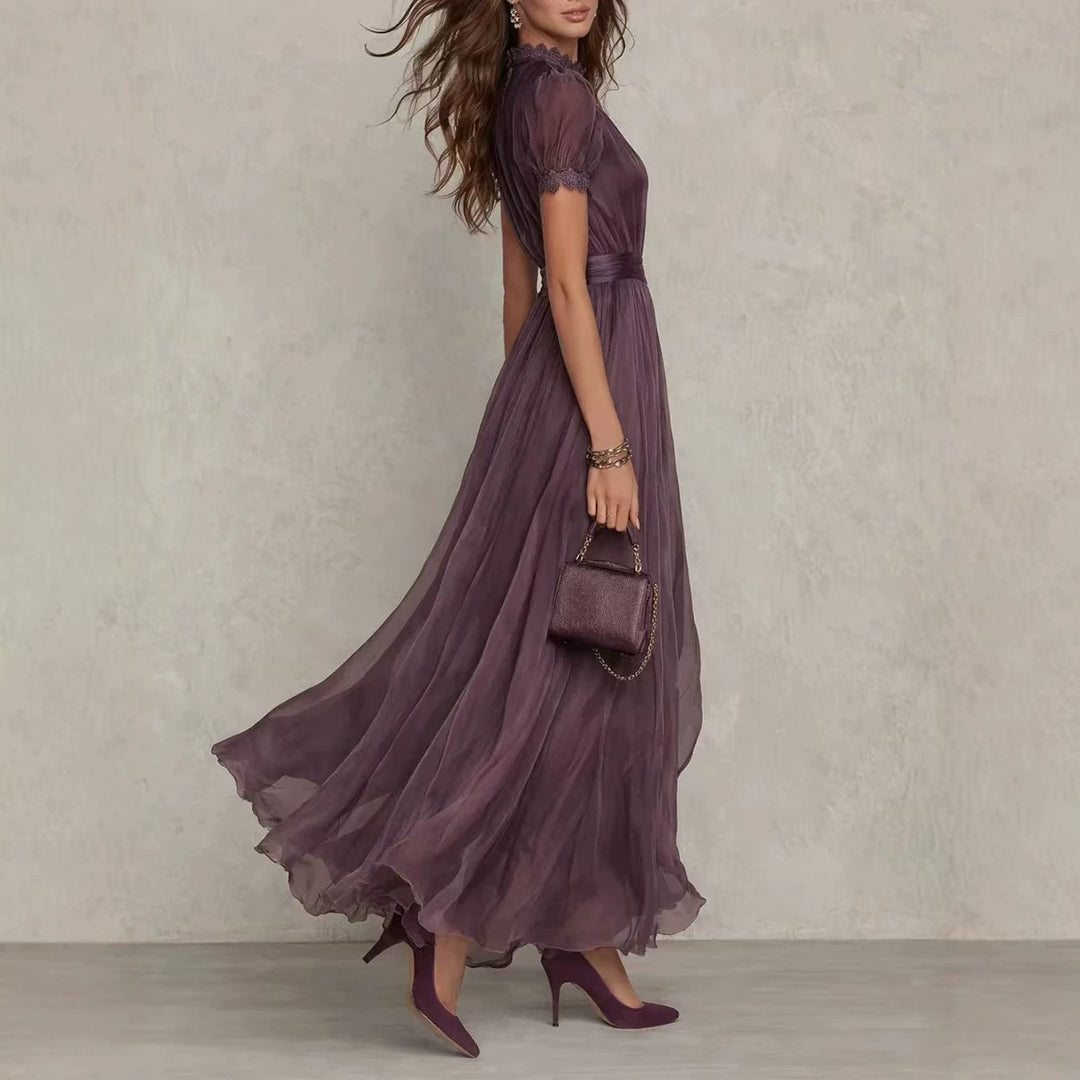 Women's Long Chiffon Evening Dress with Lace Stand Collar, Keyhole Opening and Tailored Sash Mune Fashion