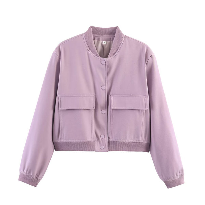 Women's short bomber jacket with snap button front, applied flap pockets and ribbed hem Mune Fashion